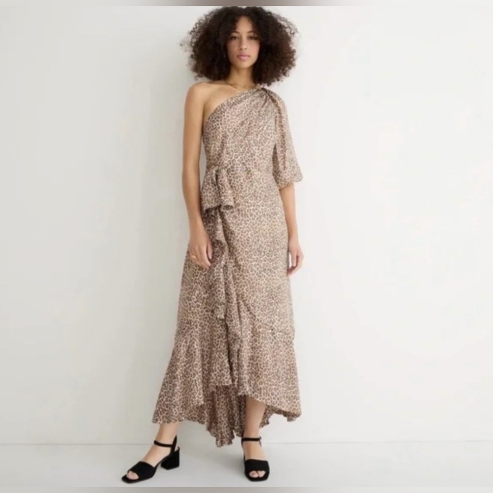 J.Crew Collection Leopard Print One-Shoulder Ruffle-Hem Dress Size 4 NWT Wedding